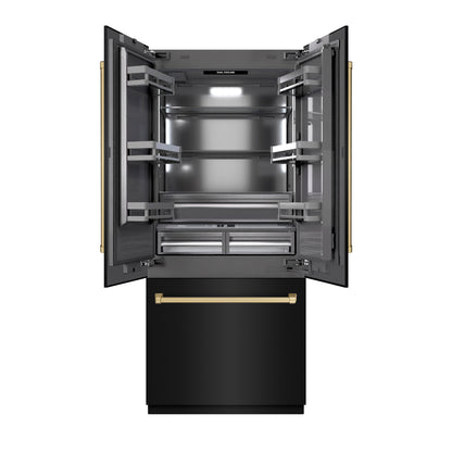 ZLINE Autograph 36" 19.6 cu. ft. French Door Built-In Bottom Freezer Refrigerator with Water Dispenser and Ice Maker in Black Stainless Steel with Graphite Gray Interior and Champagne Bronze Accents, GRBIVZ-BS-36-CB