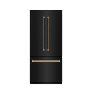ZLINE Autograph 36" 19.6 cu. ft. French Door Built-In Bottom Freezer Refrigerator with Water Dispenser and Ice Maker in Black Stainless Steel with Graphite Gray Interior and Polished Gold Accents, GRBIVZ-BS-36-G