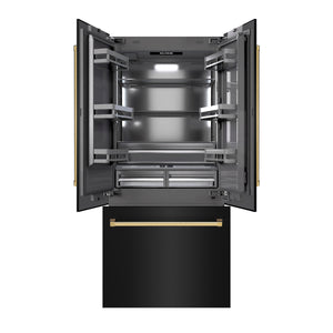 ZLINE Autograph 36" 19.6 cu. ft. French Door Built-In Bottom Freezer Refrigerator with Water Dispenser and Ice Maker in Black Stainless Steel with Graphite Gray Interior and Polished Gold Accents, GRBIVZ-BS-36-G