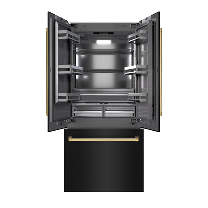 ZLINE Autograph 36" 19.6 cu. ft. French Door Built-In Bottom Freezer Refrigerator with Water Dispenser and Ice Maker in Black Stainless Steel with Graphite Gray Interior and Polished Gold Accents, GRBIVZ-BS-36-G