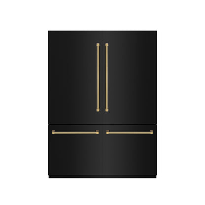 ZLINE Autograph 60" 32.2 cu. ft. French Door Built-In Bottom Freezer Refrigerator with Water Dispenser and Ice Maker in Black Stainless Steel with Graphite Gray Interior and Polished Gold Helix Handles, GRBIVZ-BS60KG