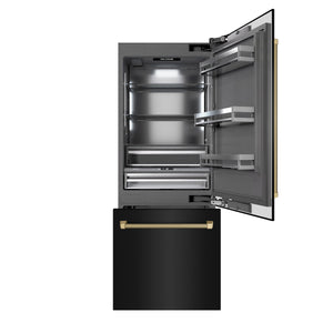 ZLINE Autograph 30" 16.1 cu. ft. Built-In Bottom Freezer Refrigerator with Water Dispenser and Ice Maker in Black Stainless Steel with Graphite Gray Interior and Champagne Bronze Helix Handles, GRBIVZ-BS30KCB