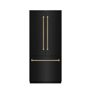 ZLINE Autograph 36" 19.6 cu. ft. French Door Built-In Bottom Freezer Refrigerator with Water Dispenser and Ice Maker in Black Stainless Steel with Graphite Gray Interior and Polished Gold Helix Handles, GRBIVZ-BS36KG