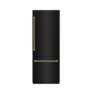 ZLINE Autograph 30" 16.1 cu. ft. Built-In Bottom Freezer Refrigerator with Water Dispenser and Ice Maker in Black Stainless Steel with Graphite Gray Interior and Polished Gold Helix Handles, GRBIVZ-BS30KG