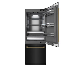 ZLINE Autograph 30" 16.1 cu. ft. Built-In Bottom Freezer Refrigerator with Water Dispenser and Ice Maker in Black Stainless Steel with Graphite Gray Interior and Polished Gold Helix Handles, GRBIVZ-BS30KG