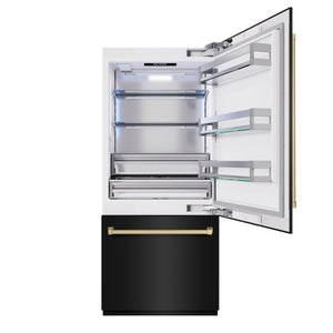 ZLINE Autograph 36" 19.8 cu. ft. Built-In Bottom Freezer Refrigerator with Water Dispenser and Ice Maker in Black Stainless Steel and Champagne Bronze Accents, RBITZ-BS-36-CB