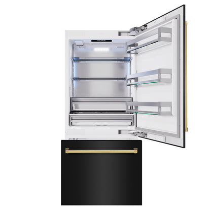 ZLINE Autograph 36" 19.8 cu. ft. Built-In Bottom Freezer Refrigerator with Water Dispenser and Ice Maker in Black Stainless Steel and Polished Gold Accents, RBITZ-BS-36-G