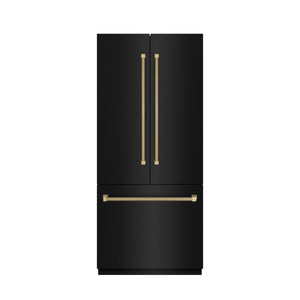 ZLINE Autograph 36" 19.6 cu. ft. French Door Built-In Bottom Freezer Refrigerator with Water Dispenser and Ice Maker in Black Stainless Steel with Stainless Steel Interior and Champagne Bronze Helix Handles, SRBIVZ-BS36KCB