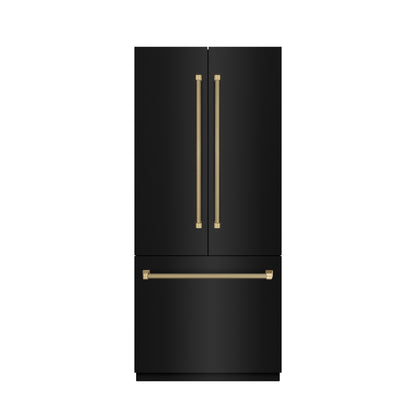 ZLINE Autograph 36" 19.6 cu. ft. French Door Built-In Bottom Freezer Refrigerator with Water Dispenser and Ice Maker in Black Stainless Steel with Stainless Steel Interior and Champagne Bronze Helix Handles, SRBIVZ-BS36KCB