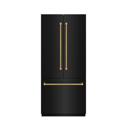 ZLINE Autograph 36" 19.6 cu. ft. French Door Built-In Bottom Freezer Refrigerator with Water Dispenser and Ice Maker in Black Stainless Steel with Stainless Steel Interior and Polished Gold Helix Handles, SRBIVZ-BS36KG