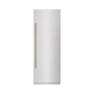 ZLINE Autograph 30" 16.7 cu. ft. Column Refrigerator in DuraSnow Stainless Steel with Graphite Gray Interior and Champagne Bronze Accents, RCRVZ-SN-30-CB