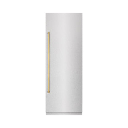 ZLINE Autograph 30" 16.7 cu. ft. Column Refrigerator in DuraSnow Stainless Steel with Graphite Gray Interior and Polished Gold Accents, RCRVZ-SN-30-G