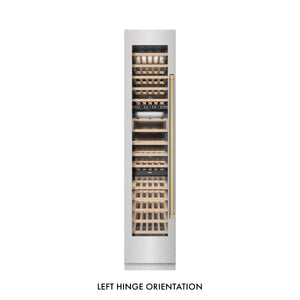 ZLINE Autograph 18" 9.0 cu. ft. Triple Zone 68 Bottle Left Hinge Column Wine Cooler in DuraSnow Stainless Steel with Champagne Bronze Accents, RCWVLZ-SN-18-CB