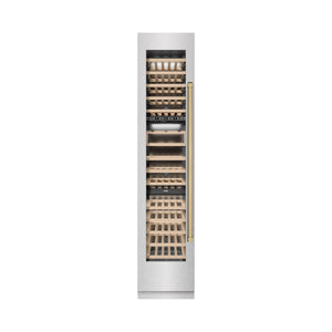 ZLINE Autograph 18" 9.0 cu. ft. Triple Zone 68 Bottle Left Hinge Column Wine Cooler in DuraSnow Stainless Steel with Champagne Bronze Accents, RCWVLZ-SN-18-CB