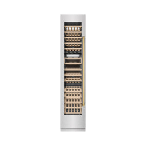 ZLINE Autograph 18" 9.0 cu. ft. Triple Zone 68 Bottle Left Hinge Column Wine Cooler in DuraSnow Stainless Steel with Polished Gold Accents, RCWVLZ-SN-18-G
