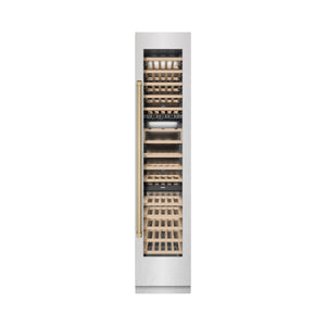 ZLINE Autograph 18" 9.0 cu. ft. Triple Zone 68 Bottle Right Hinge Column Wine Cooler in DuraSnow Stainless Steel with Champagne Bronze Accents, RCWVRZ-SN-18-CB