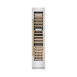 ZLINE Autograph 18" 9.0 cu. ft. Triple Zone 68 Bottle Right Hinge Column Wine Cooler in Satin Stainless Steel with Polished Gold Accents, RCWVRZ-SN-18-G
