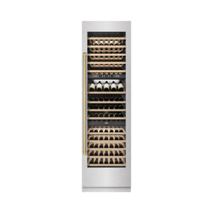 ZLINE Autograph 24" 12.4 cu. ft. Triple Zone 100 Bottle Column Wine Cooler in DuraSnow Stainless Steel and Champagne Bronze Accents, RCWVZ-SN-24-CB