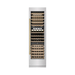 ZLINE Autograph 24" 12.4 cu. ft. Triple Zone 100 Bottle Column Wine Cooler in DuraSnow Stainless Steel and Polished Gold Accents, RCWVZ-SN-24-G