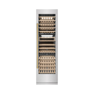 ZLINE Autograph 24" 12.4 cu. ft. Triple Zone 100 Bottle Column Wine Cooler in DuraSnow Stainless Steel and Polished Gold Accents, RCWVZ-SN-24-G