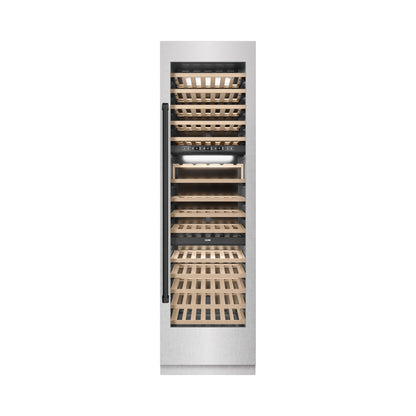 ZLINE Autograph 24" 12.4 cu. ft. Triple Zone 100 Bottle Column Wine Cooler in DuraSnow Stainless Steel and Matte Black Accents, RCWVZ-SN-24-MB