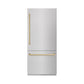 ZLINE Autograph 36" 19.8 cu. ft. Built-In Bottom Freezer Refrigerator with Water Dispenser and Ice Maker in DuraSnow Stainless Steel with Graphite Gray Interior and Champagne Bronze Accents, GRBITZ-SN-36-CB