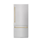 ZLINE Autograph 36" 19.8 cu. ft. Built-In Bottom Freezer Refrigerator with Water Dispenser and Ice Maker in DuraSnow Stainless Steel with Graphite Gray Interior and Polished Gold Accents, GRBITZ-SN-36-G