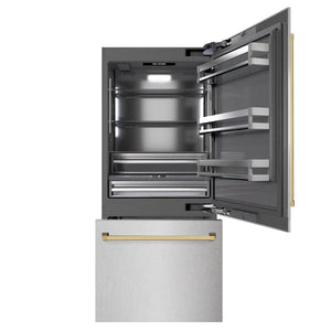 ZLINE Autograph 36" 19.8 cu. ft. Built-In Bottom Freezer Refrigerator with Water Dispenser and Ice Maker in DuraSnow Stainless Steel with Graphite Gray Interior and Polished Gold Accents, GRBITZ-SN-36-G