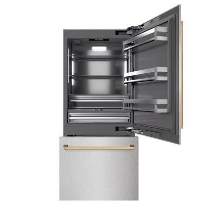 ZLINE Autograph 36" 19.8 cu. ft. Built-In Bottom Freezer Refrigerator with Water Dispenser and Ice Maker in DuraSnow Stainless Steel with Graphite Gray Interior and Polished Gold Accents, GRBITZ-SN-36-G