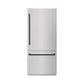 ZLINE Autograph 36" 19.8 cu. ft. Built-In Bottom Freezer Refrigerator with Water Dispenser and Ice Maker in DuraSnow Stainless Steel with Graphite Gray Interior and Matte Black Accents, GRBITZ-SN-36-MB