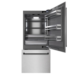 ZLINE Autograph 36" 19.8 cu. ft. Built-In Bottom Freezer Refrigerator with Water Dispenser and Ice Maker in DuraSnow Stainless Steel with Graphite Gray Interior and Matte Black Accents, GRBITZ-SN-36-MB