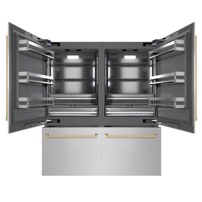 ZLINE Autograph 72" 39.6 cu. ft. French Door Built-In Bottom Freezer Refrigerator with Water Dispensers and Ice Makers in DuraSnow Stainless Steel with Graphite Gray Interior and Champagne Bronze Accents, GRBITZ-SN-72-CB