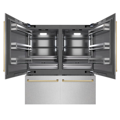 ZLINE Autograph 72" 39.6 cu. ft. French Door Built-In Bottom Freezer Refrigerator with Water Dispensers and Ice Makers in DuraSnow Stainless Steel with graphite Gray Interior and Polished Gold Accents, GRBITZ-SN-72-G
