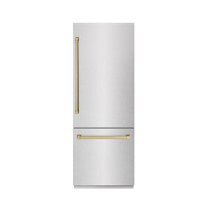 ZLINE Autograph 30" 16.1 cu. ft. Built-In Bottom Freezer Refrigerator with Water Dispenser and Ice Maker in DuraSnow Stainless Steel with Graphite Gray Interior and Champagne Bronze Accents, GRBIVZ-SN-30-CB