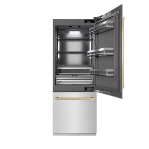 ZLINE Autograph 30" 16.1 cu. ft. Built-In Bottom Freezer Refrigerator with Water Dispenser and Ice Maker in DuraSnow Stainless Steel with Graphite Gray Interior and Champagne Bronze Accents, GRBIVZ-SN-30-CB