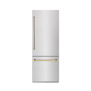 ZLINE Autograph 30" 16.1 cu. ft. Built-In Bottom Freezer Refrigerator with Water Dispenser and Ice Maker in DuraSnow Stainless Steel with Graphite Gray Interior and Polished Gold Accents, GRBIVZ-SN-30-G