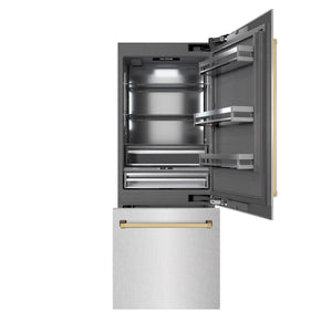 ZLINE Autograph 30" 16.1 cu. ft. Built-In Bottom Freezer Refrigerator with Water Dispenser and Ice Maker in DuraSnow Stainless Steel with Graphite Gray Interior and Polished Gold Accents, GRBIVZ-SN-30-G