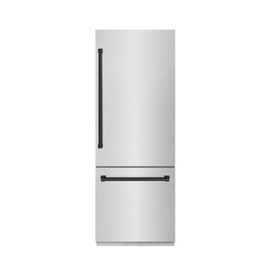 ZLINE Autograph 30" 16.1 cu. ft. Built-In Bottom Freezer Refrigerator with Water Dispenser and Ice Maker in DuraSnow Stainless Steel with Graphite Gray Interior and Matte Black Accents, GRBIVZ-SN-30-MB