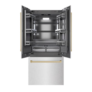 ZLINE Autograph 36" 19.6 cu. ft. French Door Built-In Bottom Freezer Refrigerator with Water Dispenser and Ice Maker in DuraSnow Stainless Steel with Graphite Gray Interior and Champagne Bronze Accents, GRBIVZ-SN-36-CB