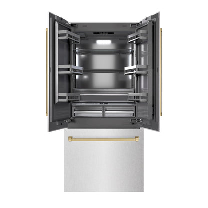 ZLINE Autograph 36" 19.6 cu. ft. French Door Built-In Bottom Freezer Refrigerator with Water Dispenser and Ice Maker in DuraSnow Stainless Steel with Graphite Gray Interior and Champagne Bronze Accents, GRBIVZ-SN-36-CB
