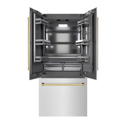 ZLINE Autograph 36" 19.6 cu. ft. French Door Built-In Bottom Freezer Refrigerator with Water Dispenser and Ice Maker in DuraSnow Stainless Steel with Graphite Gray Interior and Polished Gold Accents, GRBIVZ-SN-36-G