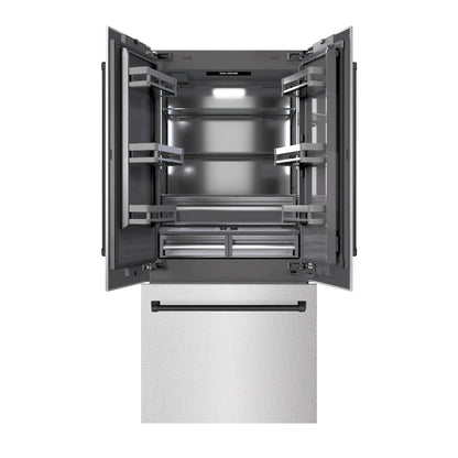 ZLINE Autograph 36" 19.6 cu. ft. French Door Built-In Bottom Freezer Refrigerator with Water Dispenser and Ice Maker in DuraSnow Stainless Steel with Graphite Gray Interior and Matte Black Accents, GRBIVZ-SN-36-MB