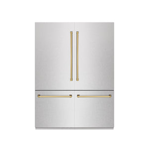 ZLINE Autograph 60" 32.2 cu. ft. French Door Built-In Bottom Freezer Refrigerator with Water Dispenser and Ice Maker in DuraSnow Stainless Steel with Graphite Gray Interior and Polished Gold Accents, GRBIVZ-SN-60-G