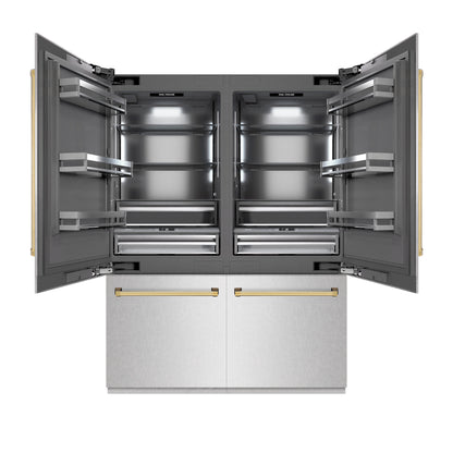 ZLINE Autograph 60" 32.2 cu. ft. French Door Built-In Bottom Freezer Refrigerator with Water Dispenser and Ice Maker in DuraSnow Stainless Steel with Graphite Gray Interior and Polished Gold Accents, GRBIVZ-SN-60-G