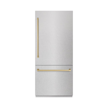 ZLINE Autograph 36" 19.8 cu. ft. Built-In Bottom Freezer Refrigerator with Water Dispenser and Ice Maker in DuraSnow Stainless Steel and Champagne Bronze Accents, RBITZ-SN-36-CB