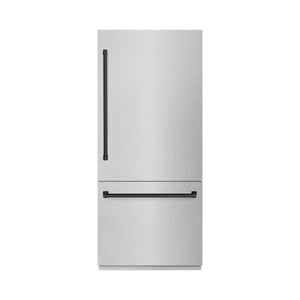 ZLINE Autograph 36" 19.8 cu. ft. Built-In Bottom Freezer Refrigerator with Water Dispenser and Ice Maker in DuraSnow Stainless Steel and Matte Black Accents, RBITZ-SN-36-MB