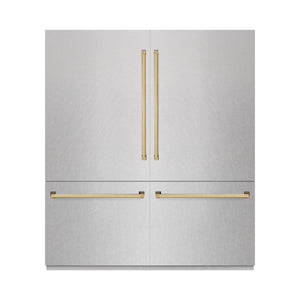 ZLINE Autograph 72" 39.6 cu. ft. French Door Built-In Bottom Freezer Refrigerator with Water Dispensers and Ice Makers in DuraSnow Stainless Steel and Polished Gold Accents, RBITZ-SN-72-G