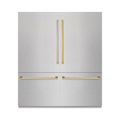 ZLINE Autograph 72" 39.6 cu. ft. French Door Built-In Bottom Freezer Refrigerator with Water Dispensers and Ice Makers in DuraSnow Stainless Steel and Polished Gold Accents, RBITZ-SN-72-G
