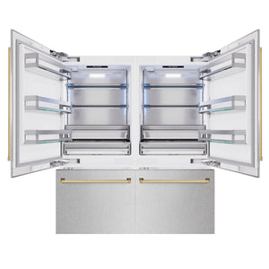 ZLINE Autograph 72" 39.6 cu. ft. French Door Built-In Bottom Freezer Refrigerator with Water Dispensers and Ice Makers in DuraSnow Stainless Steel and Polished Gold Accents, RBITZ-SN-72-G