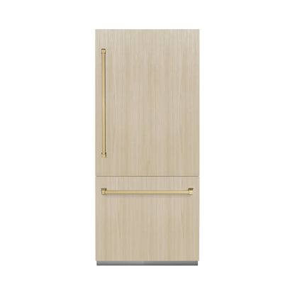 ZLINE Autograph 36" 19.8 cu. ft. Panel Ready Built-In Bottom Freezer Refrigerator with Water Dispenser and Ice Maker with Champagne Bronze Accents, RBITZ-36-CB